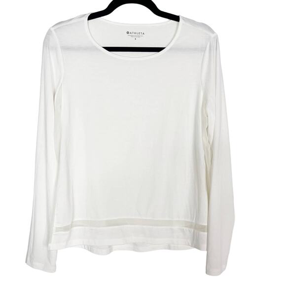 Athleta Small White Essence Mesh Trim Long Sleeve Top Crew Neck Lyocell Stretch - Picture 1 of 10